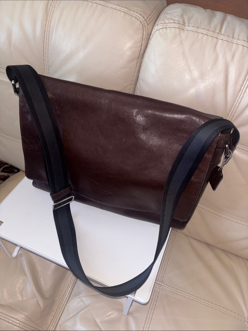 Coach Men's Brown Leather Messenger Bag with Stripe Strap - Picture 10 of 15